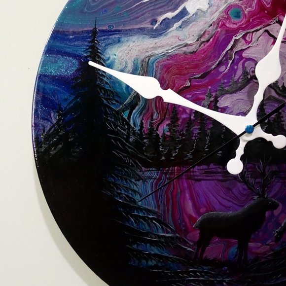 Hand Crafted Deer Silhouette Mountain Clock Original Painting Wall Art Essential - Picture 7 of 10